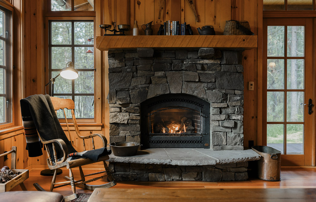 luxury cabin living room fireplace