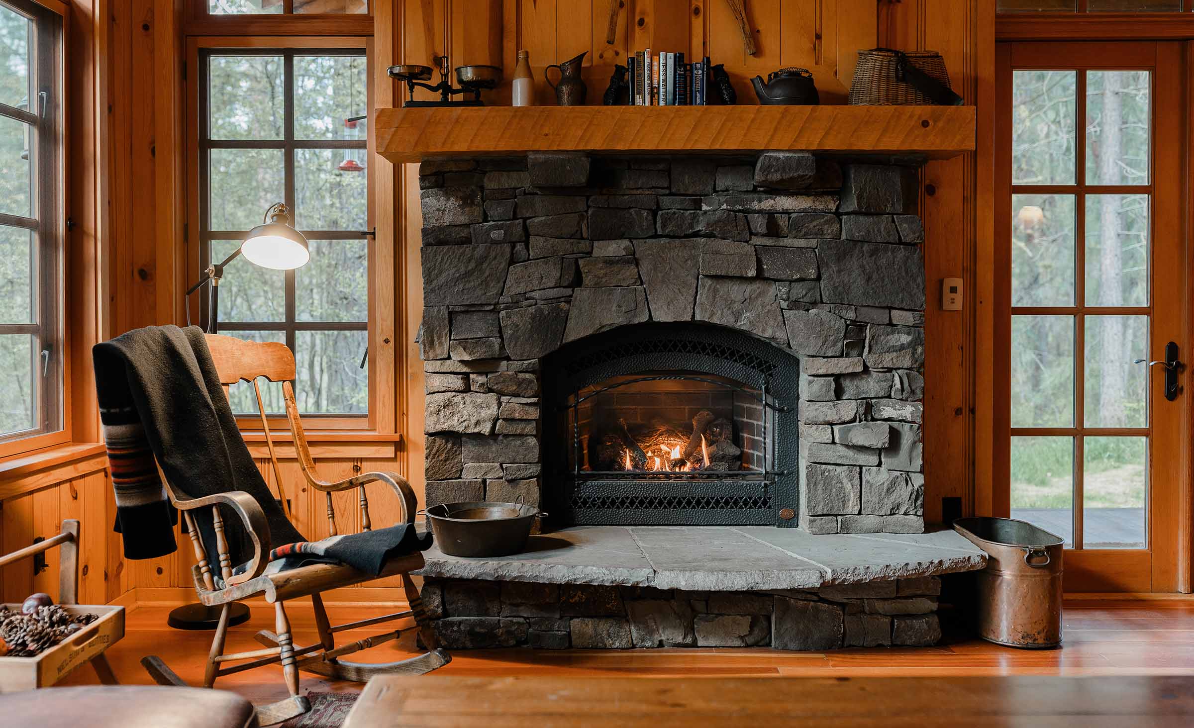 oregon cabin stone fireplace